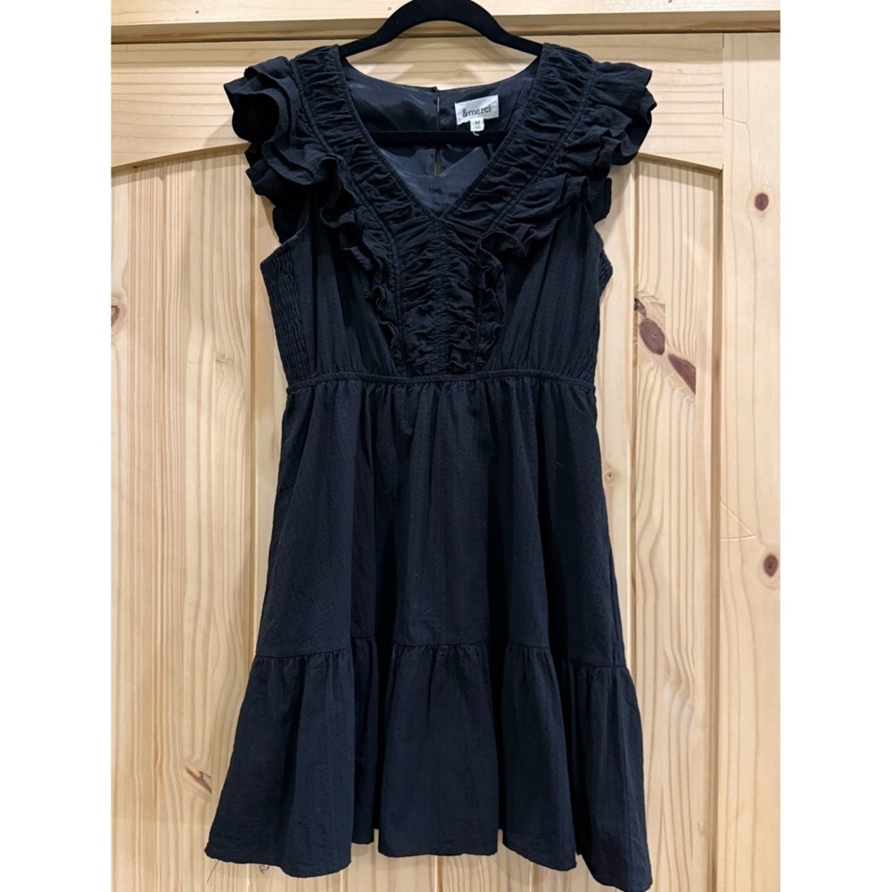 &merci Black Swiss Dot Ruffle Tiered Mini Dress Smocked Waist V-Neck Medium